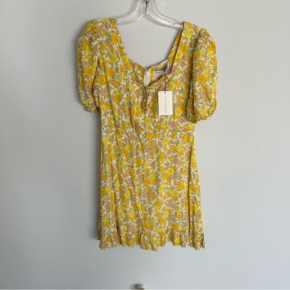 Mate The Label Women's Yellow Floral Mini Dress with Puff Sleeves
